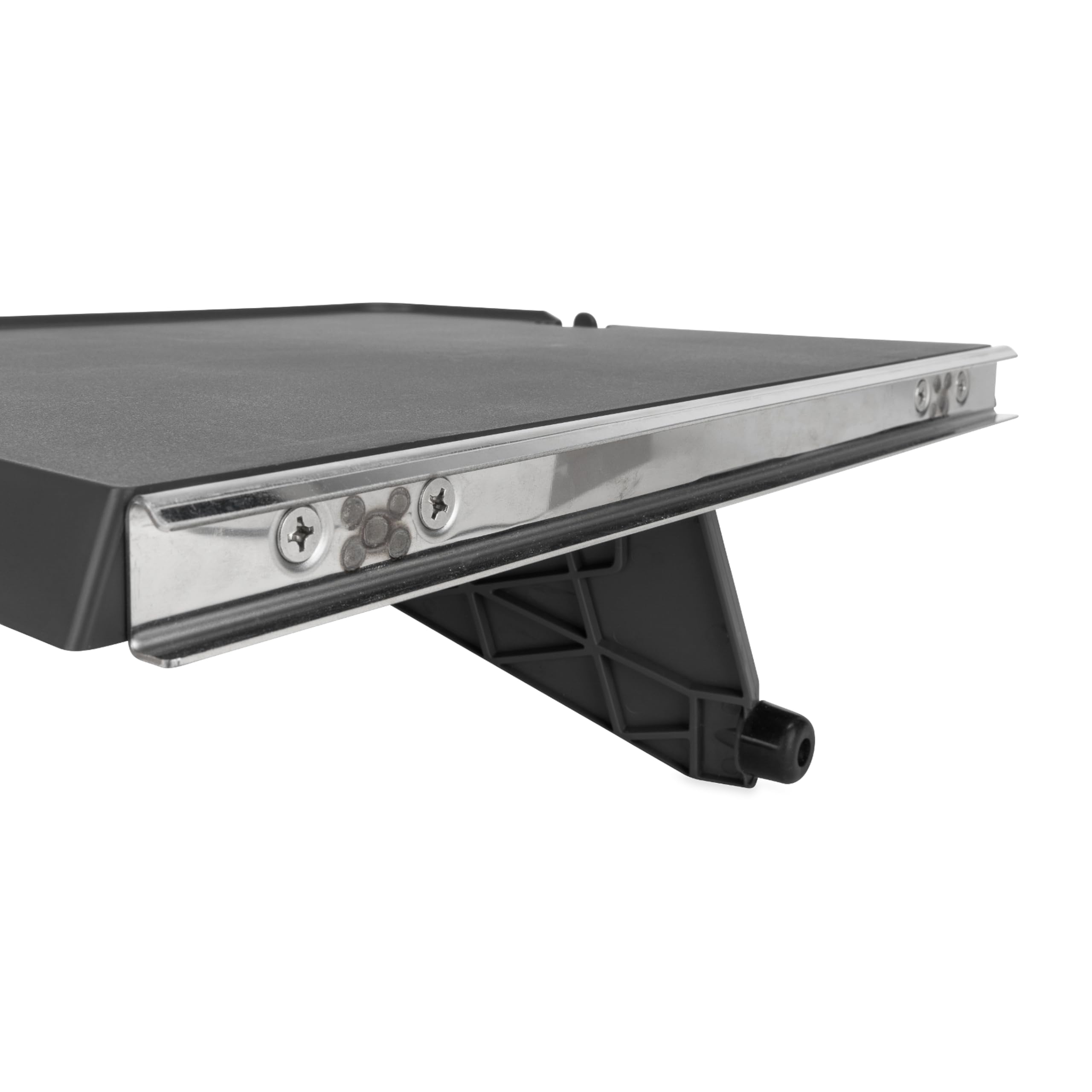 Camco RV exterior rail mounting table hangs on grill rail for convenience.