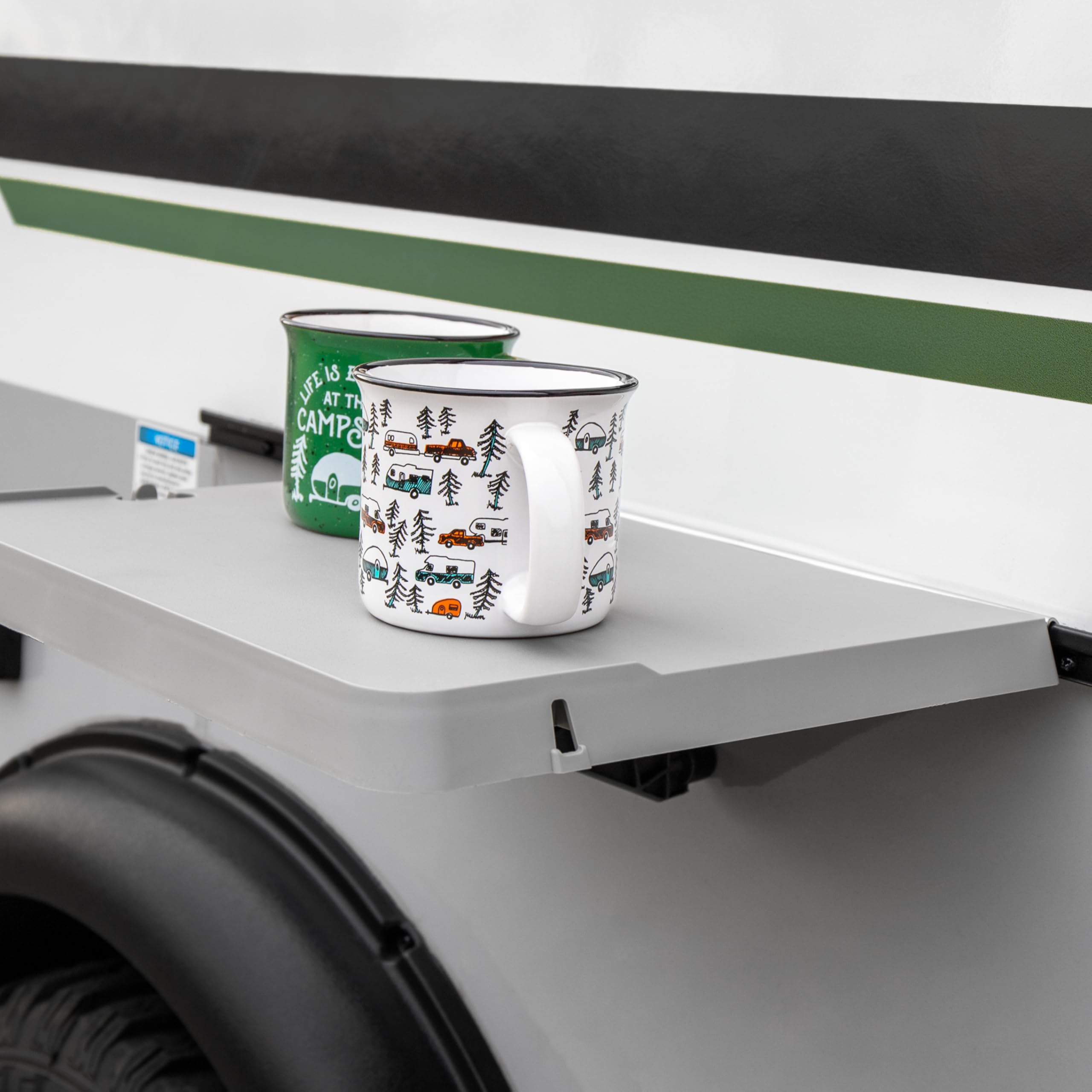 Camco rail mount table side view showing paper towel holes.