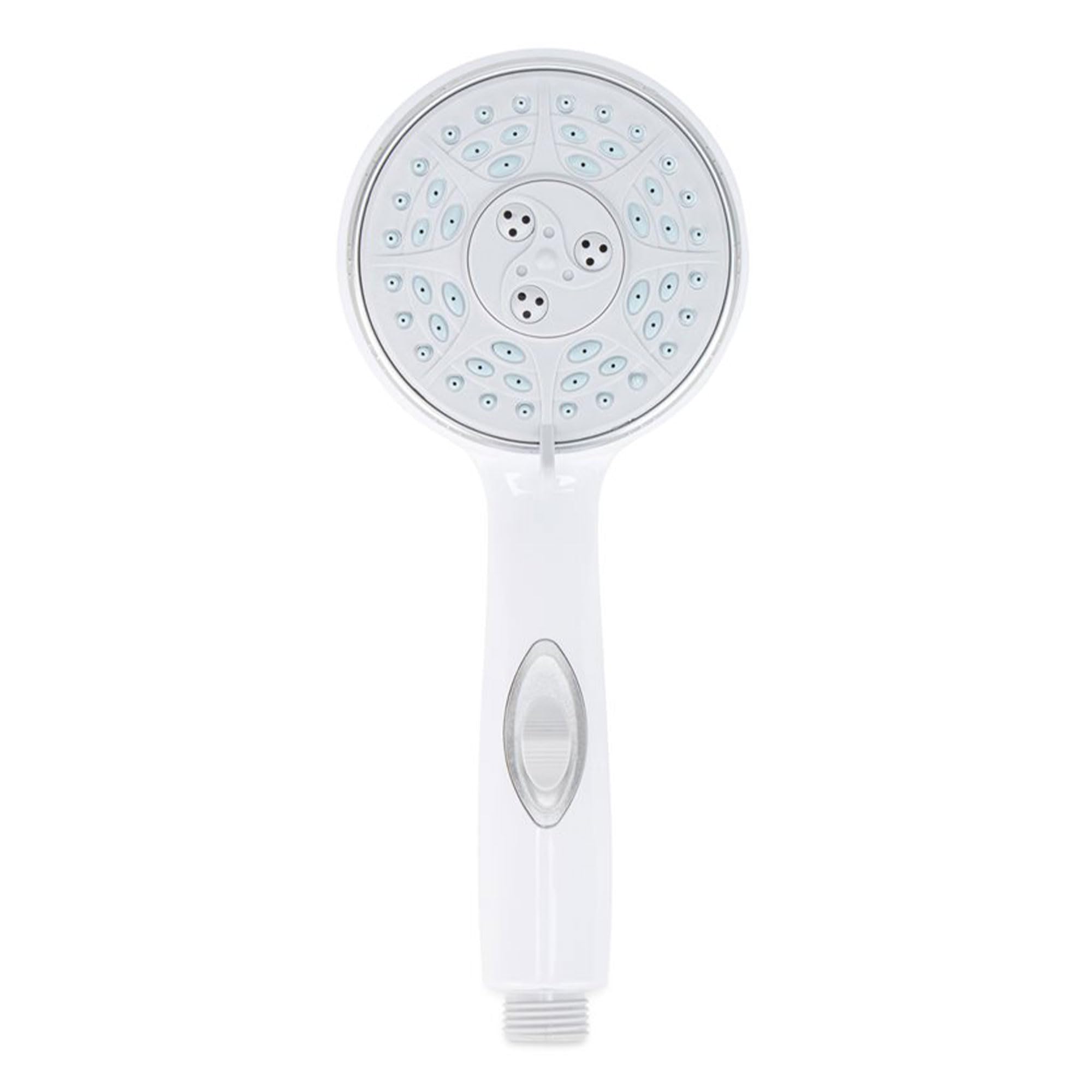 Camco RV shower head rain low pattern for gentle rinse.