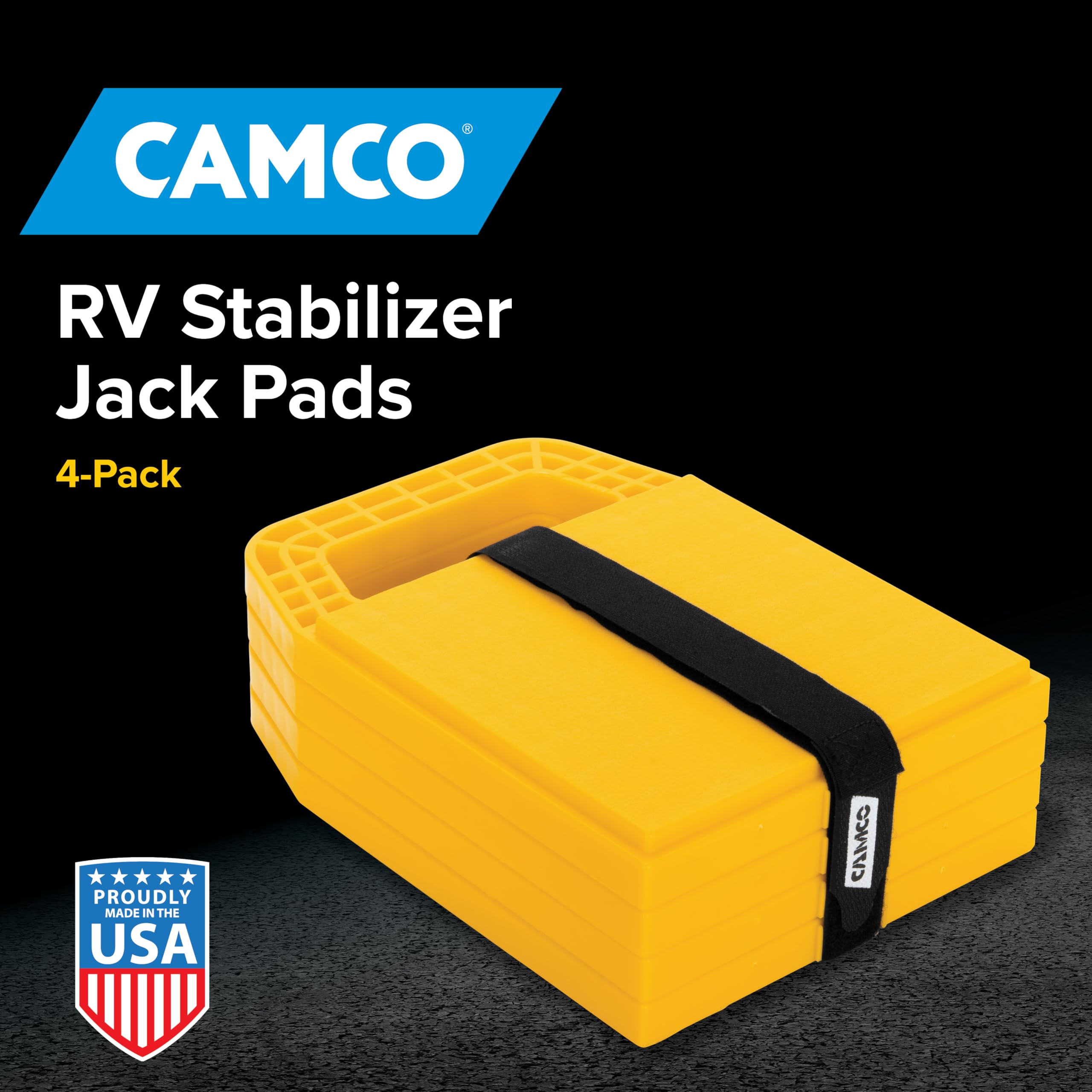 Camco RV Stabilizing Jack Pads built-in handle aids easy carrying and placement.