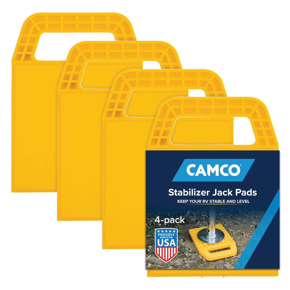 Camco RV Stabilizing Jack Pads with interlocking design stabilize jacks on uneven ground.