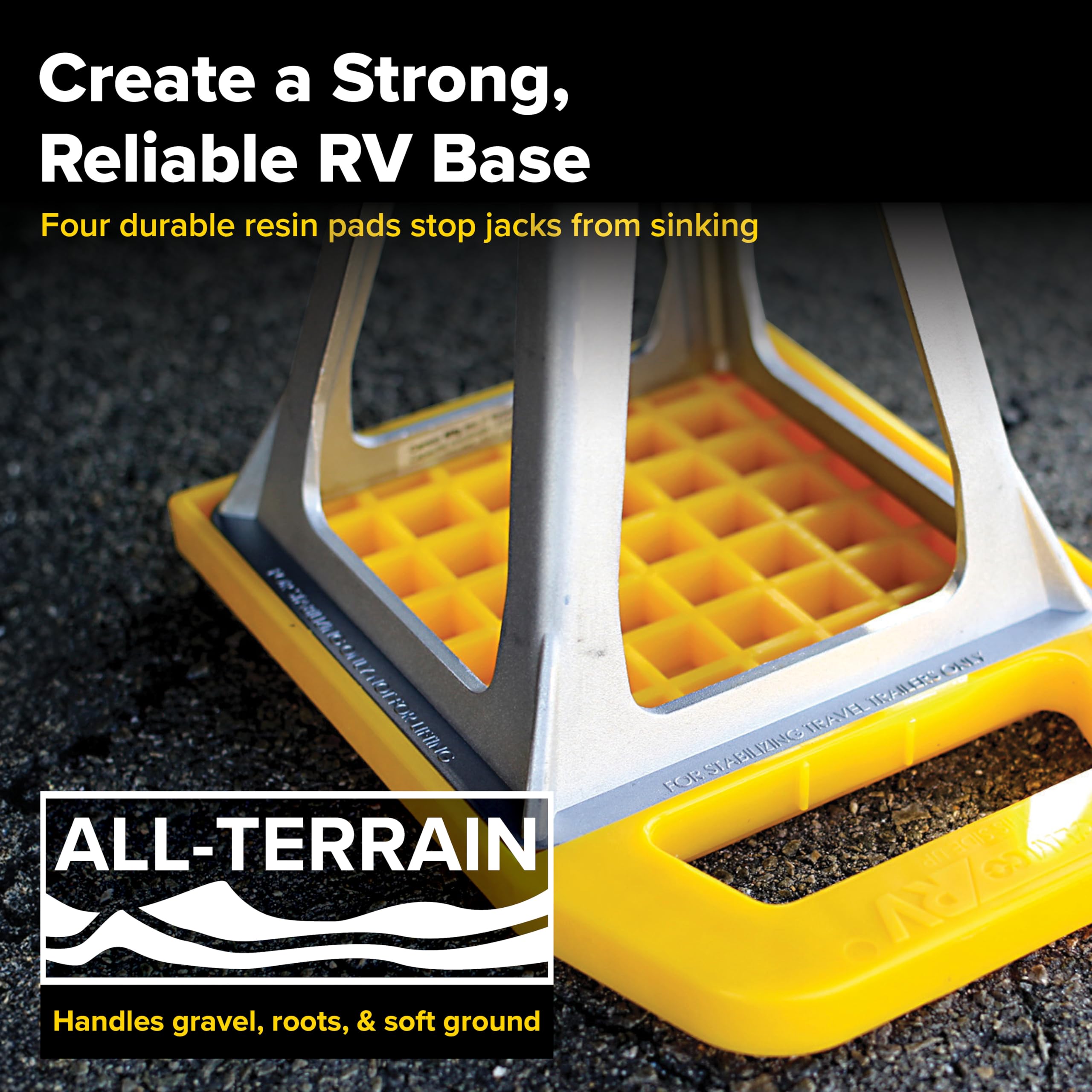 Camco RV Stabilizing Jack Pads quad-grid design distributes weight for solid support.