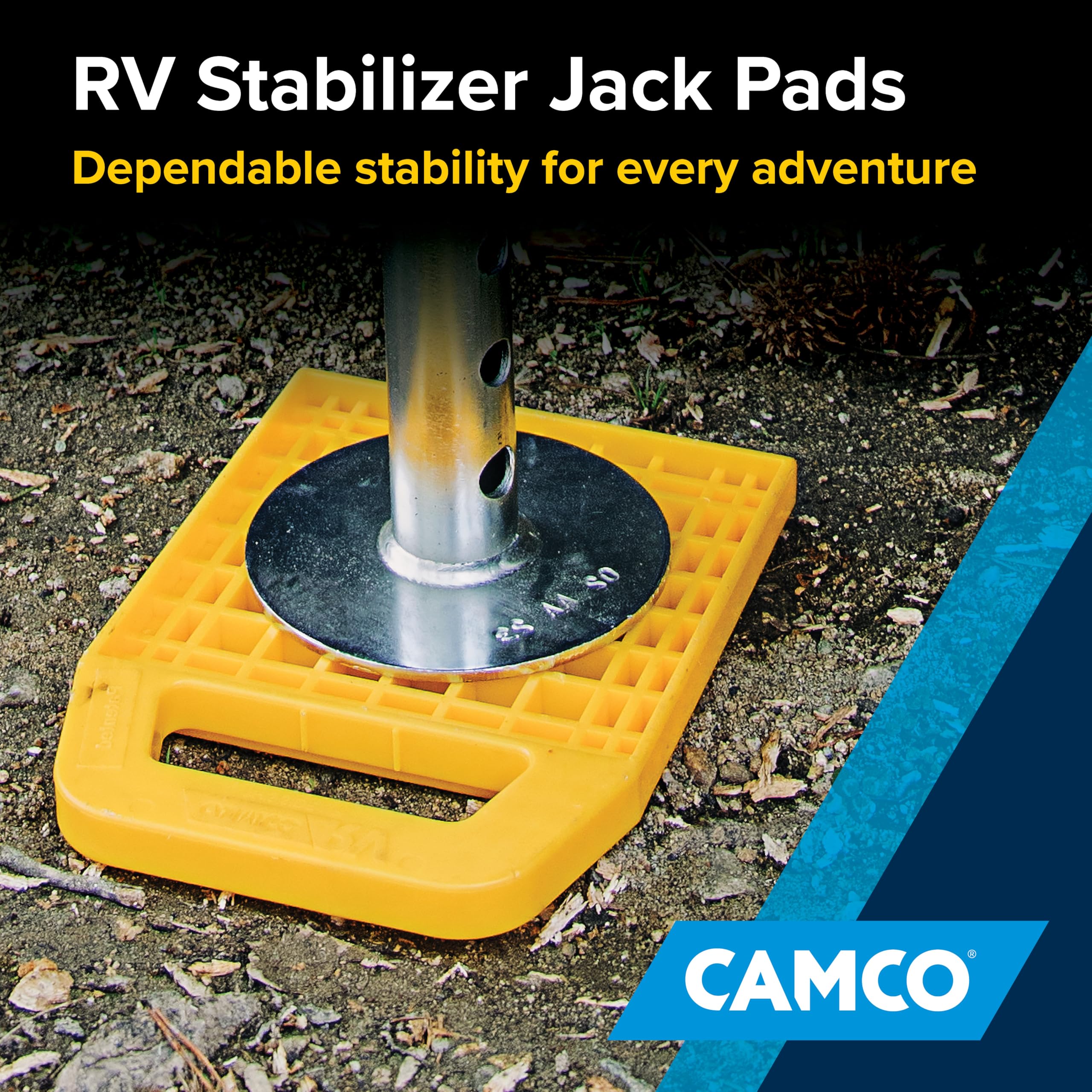 Camco RV Stabilizing Jack Pads USA-made, UV-stabilized resin withstands outdoor use.