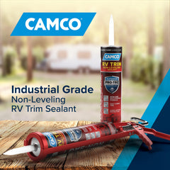 Camco RV Trim Non-Leveling Sealant on roof edge shows durable, watertight protection against exposure.