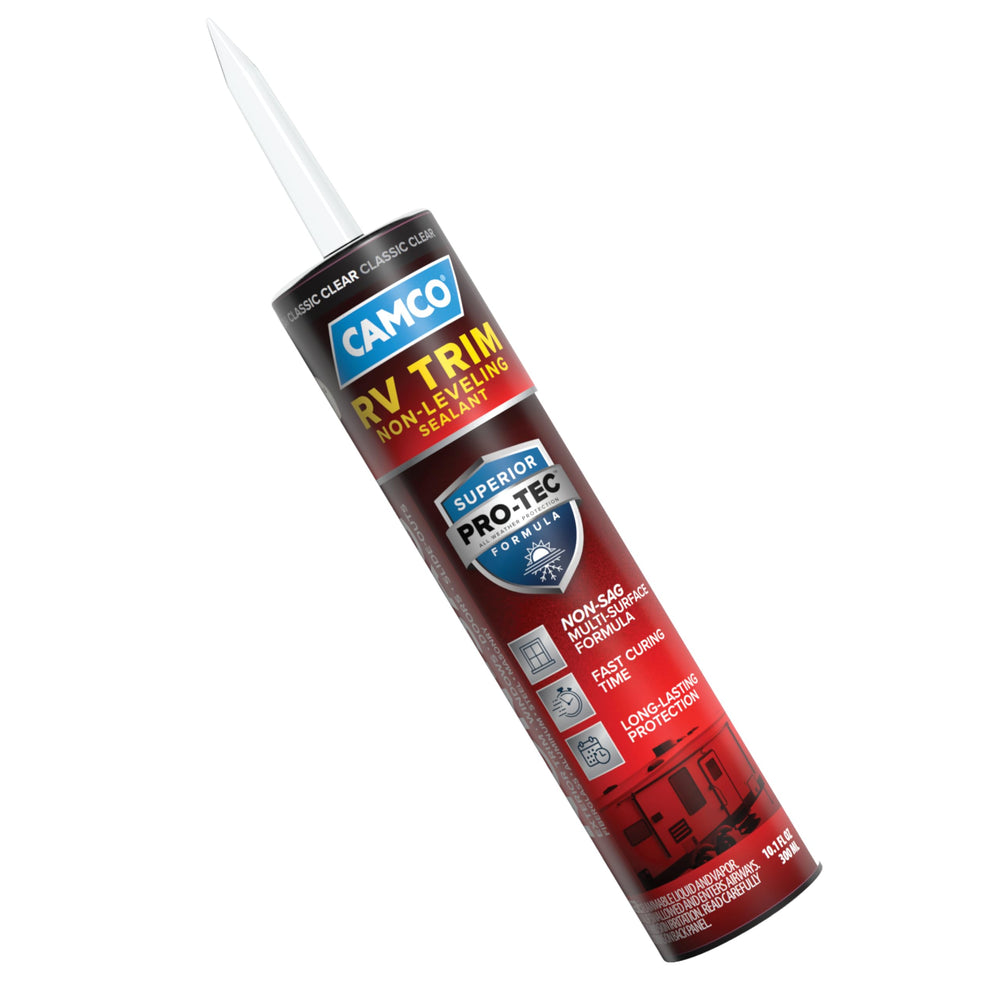 Camco RV Trim Non-Leveling Sealant tube application demonstrates clean, precise sealant setup for DIY projects.