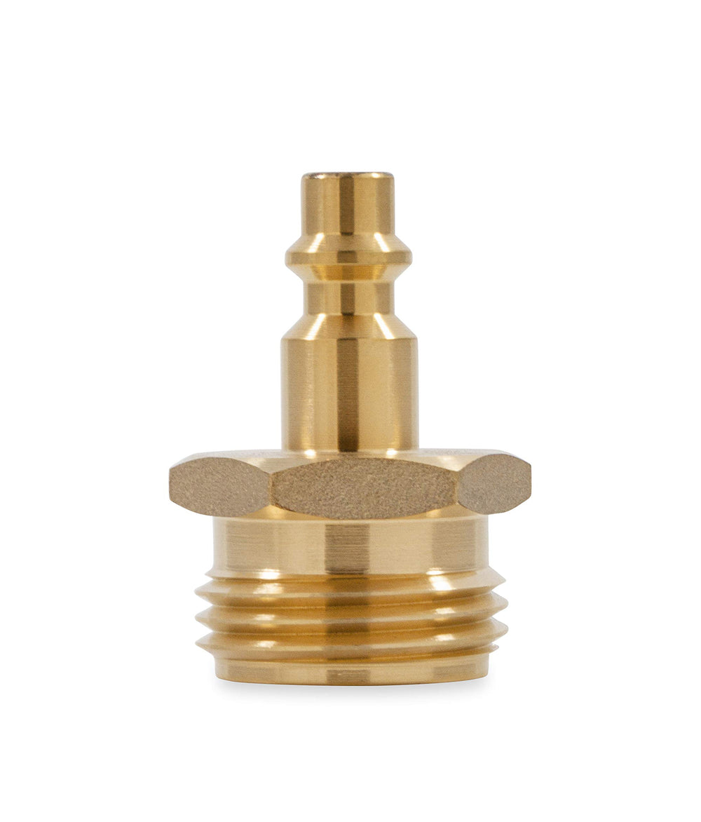 Camco winterization plug at city water inlet showing screw-in design for secure setup