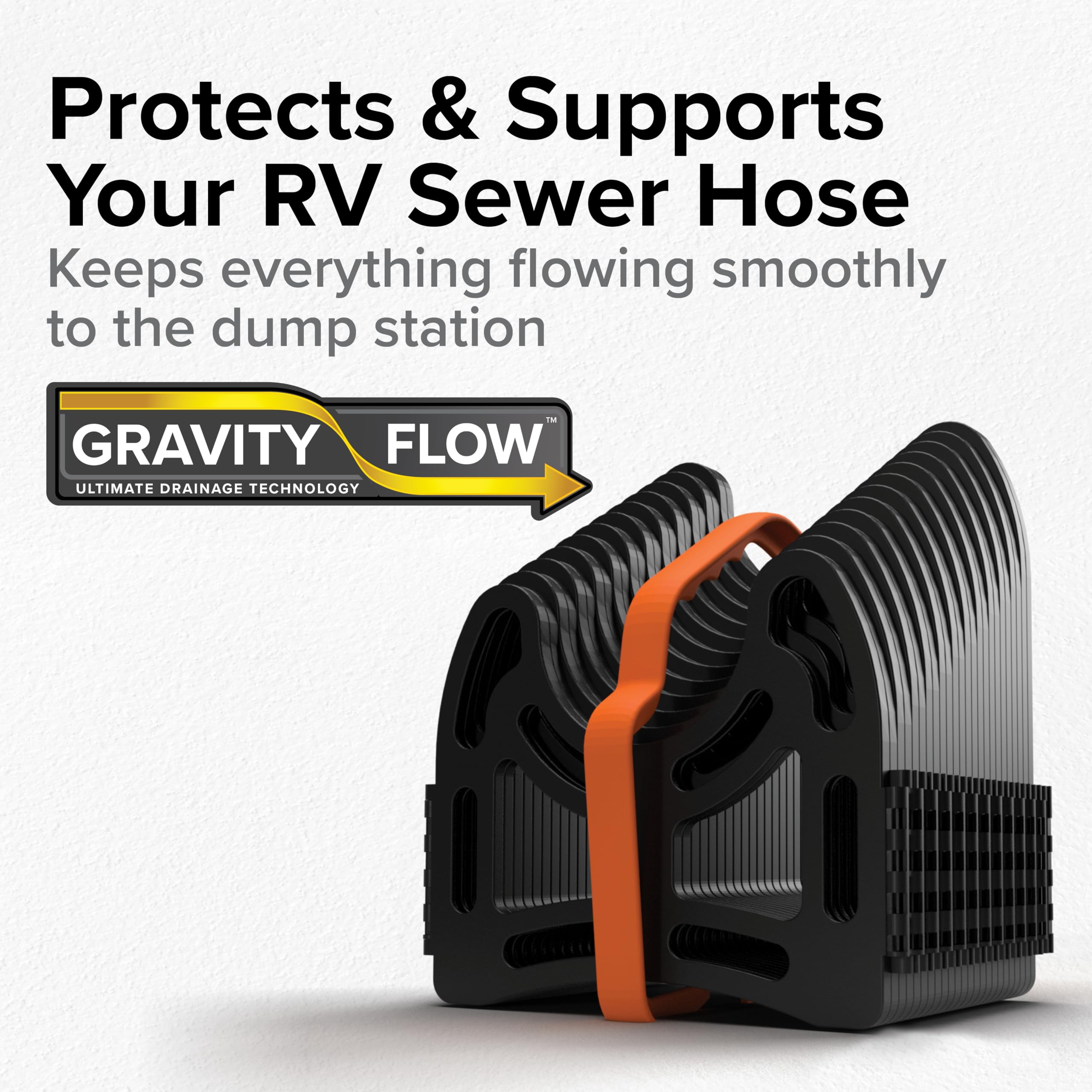 Camco Sidewinder deep cradles keep the 10' hose secure on uneven ground