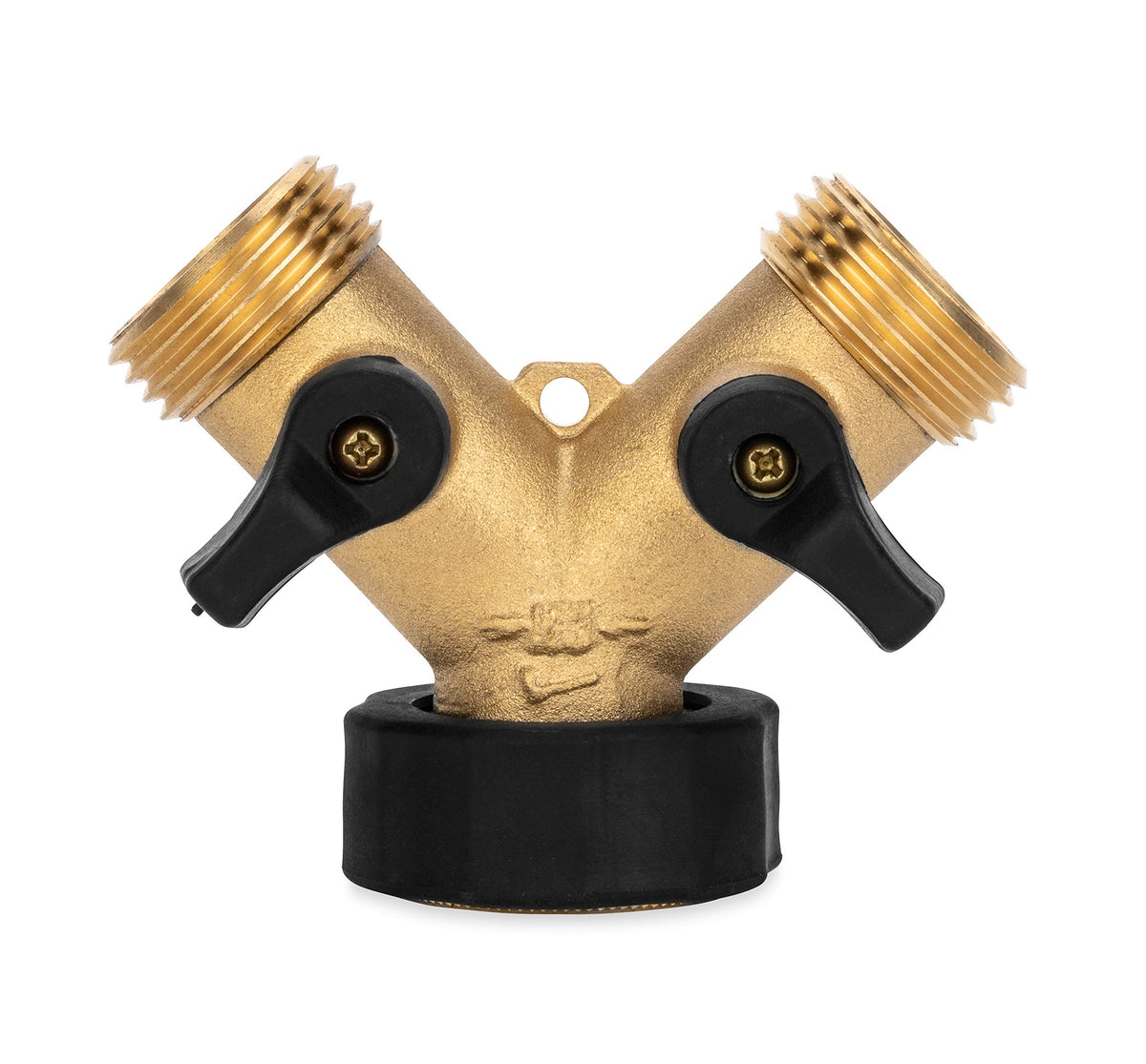 Camco brass water wye valve base housing shows sturdy construction for lasting outdoor use.