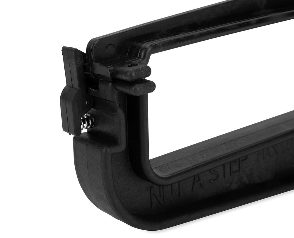 Camco Clamp-N-Carry rack swings away for ladder access when not in use.