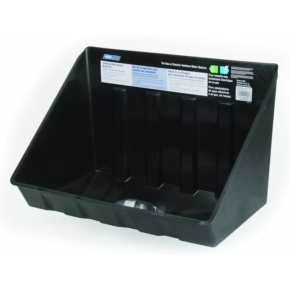 Camco 11470 tankless drain pan with PVC fitting protects floors during maintenance.