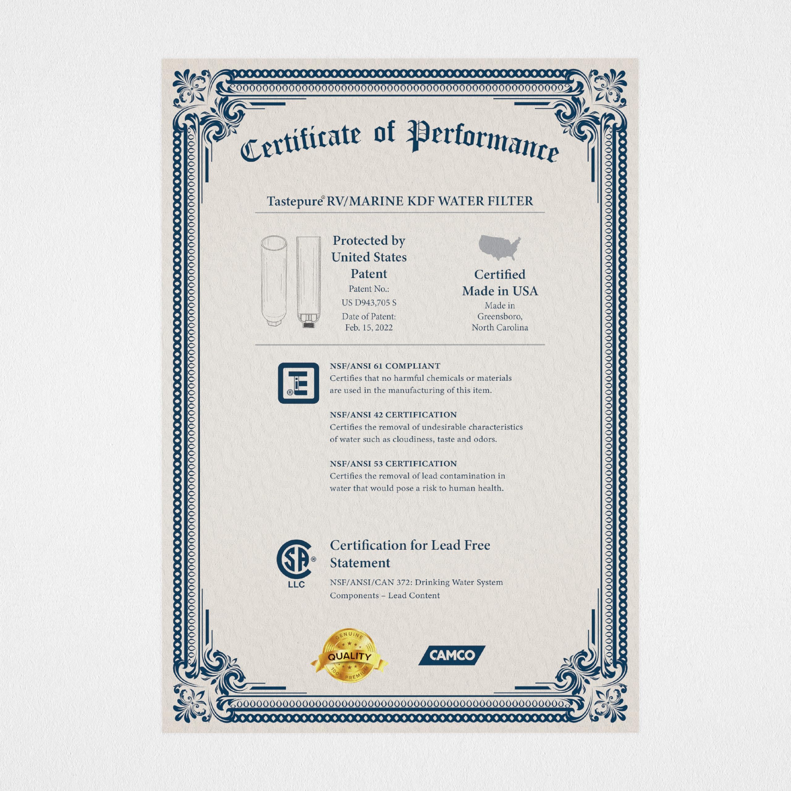 Camco Tastepure 20-micron sediment protection for clearer drinking water.