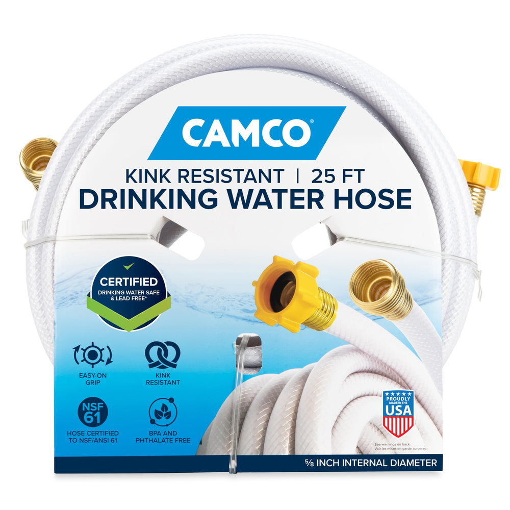 Camco TastePURE 25ft hose pour demonstrates safe drinking water on the go