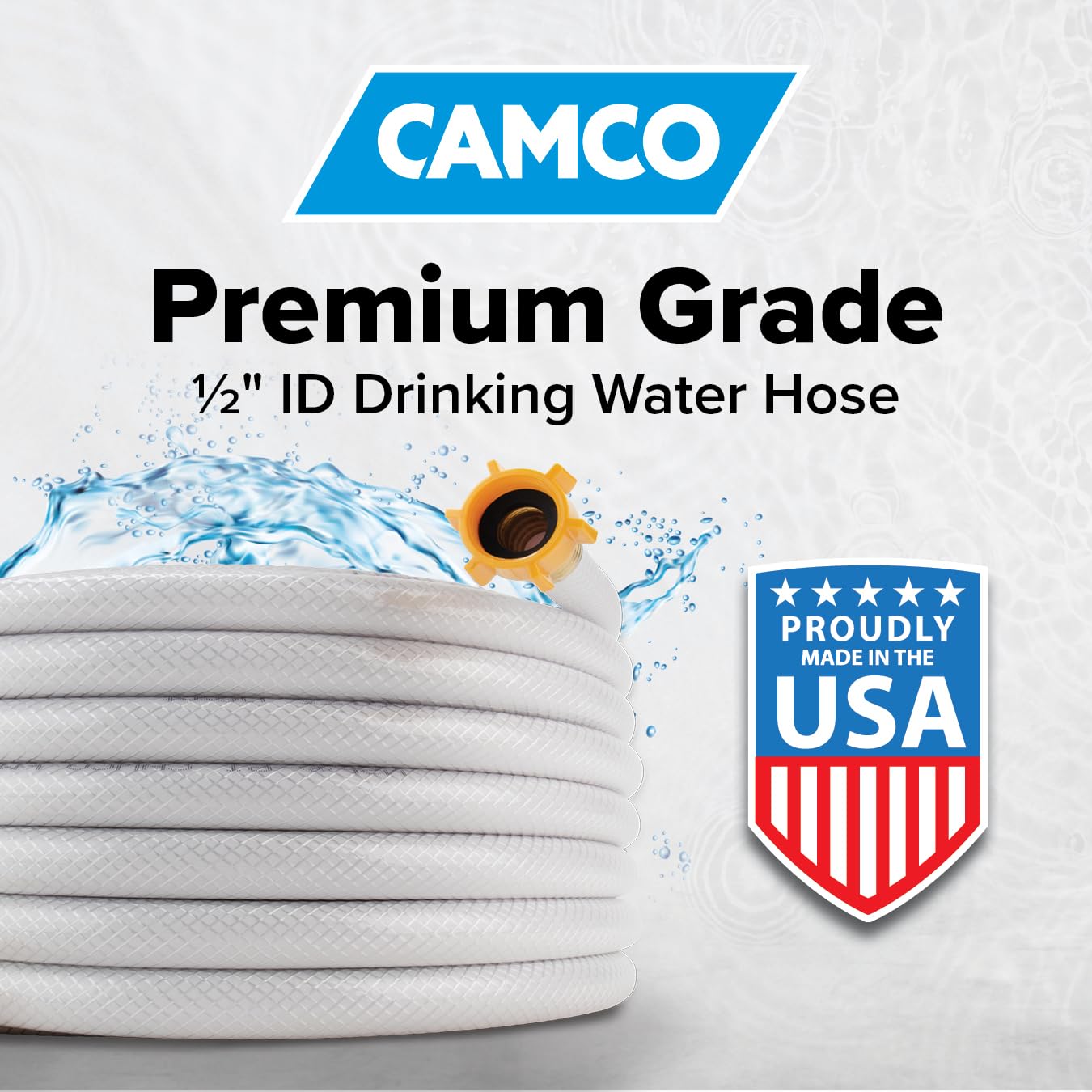 Camco TastePURE hose with connectors for easy-on grip and quick hookups.