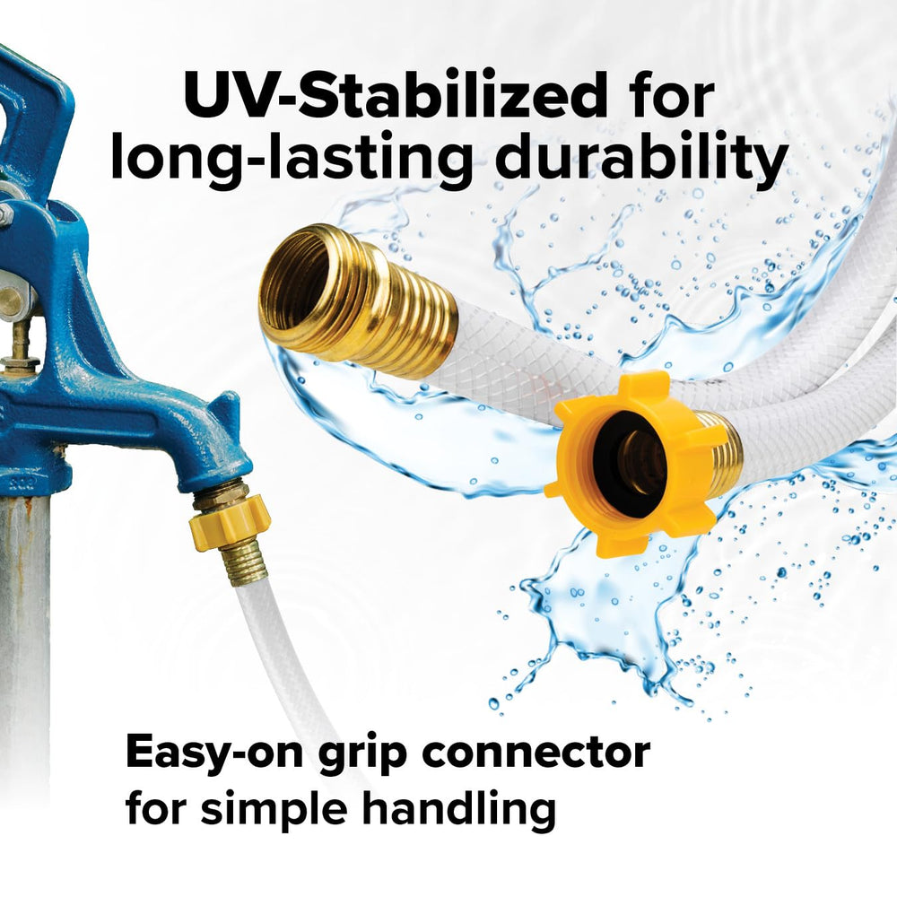 Camco TastePURE UV-stabilized hose resists sun damage during long days.