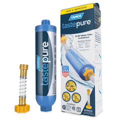 Camco Tastepure RV water filter front view for compact inline filtration on the go.