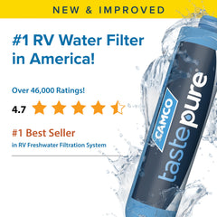Camco Tastepure RV water filter with hose attachment enabling smooth camping water access.