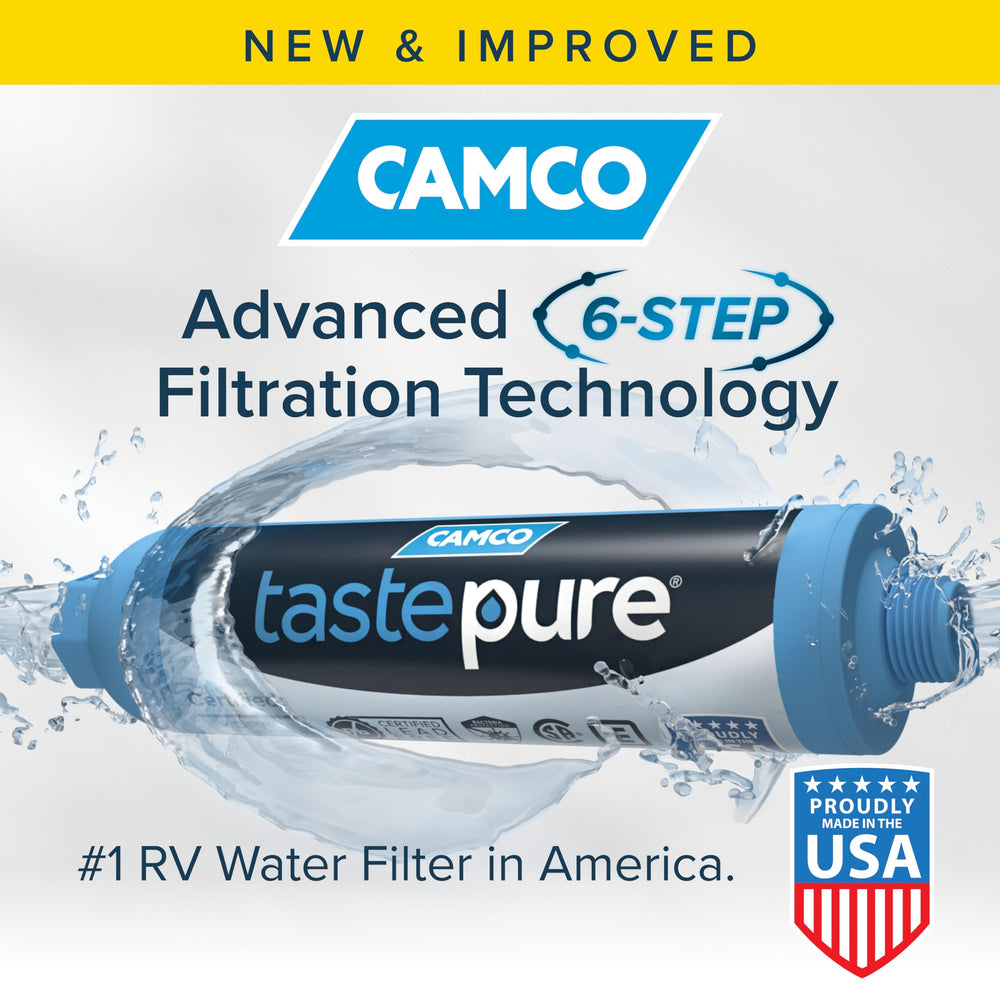 Camco Tastepure RV water filter inlet and outlet connections for easy hose setup.