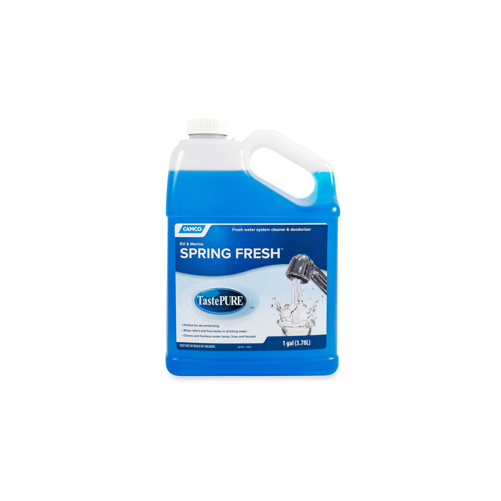 Camco TastePURE bottle pour enables quick RV water system cleaning.