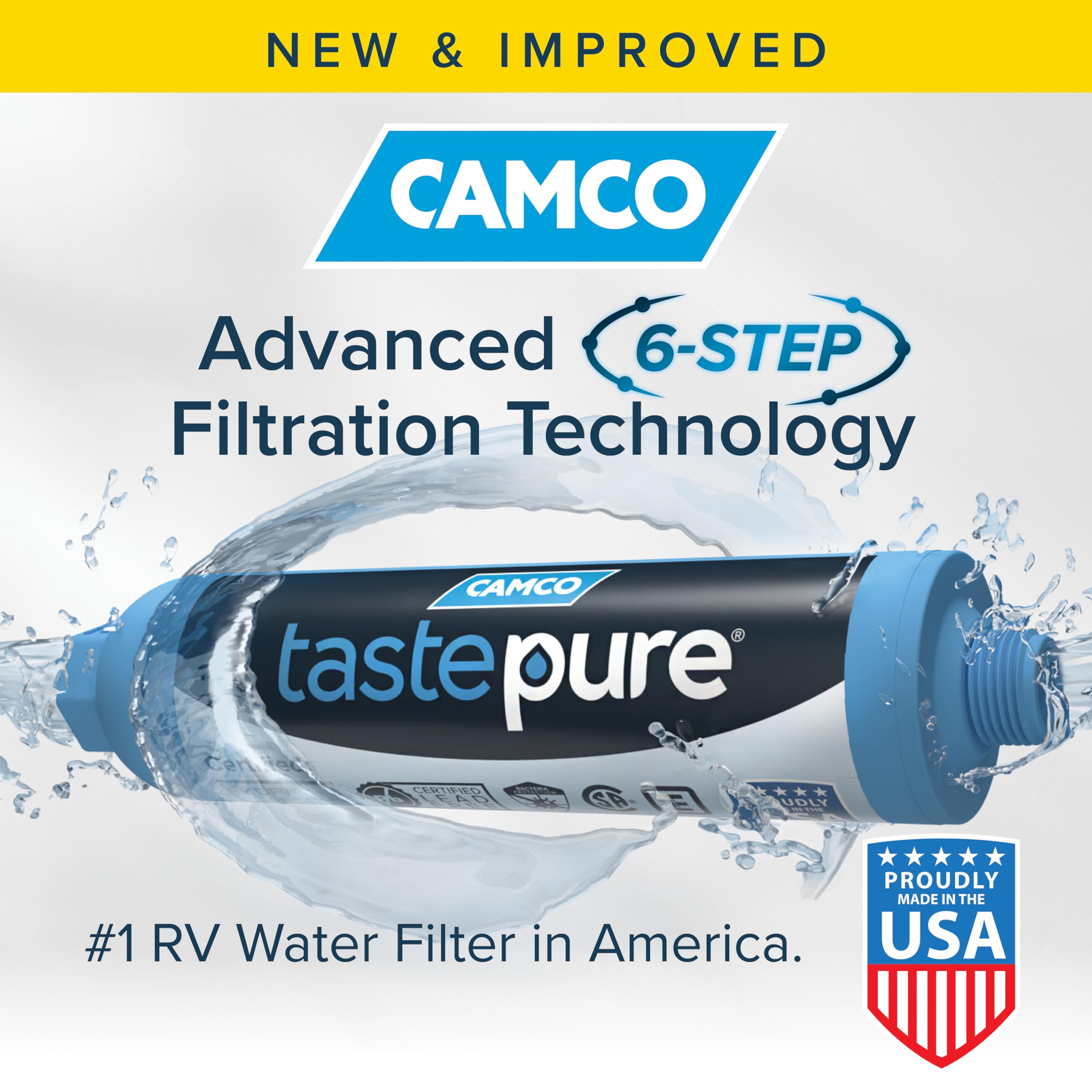 Camco Tastepure XL hose protector highlights kink-free water flow and easier setup.