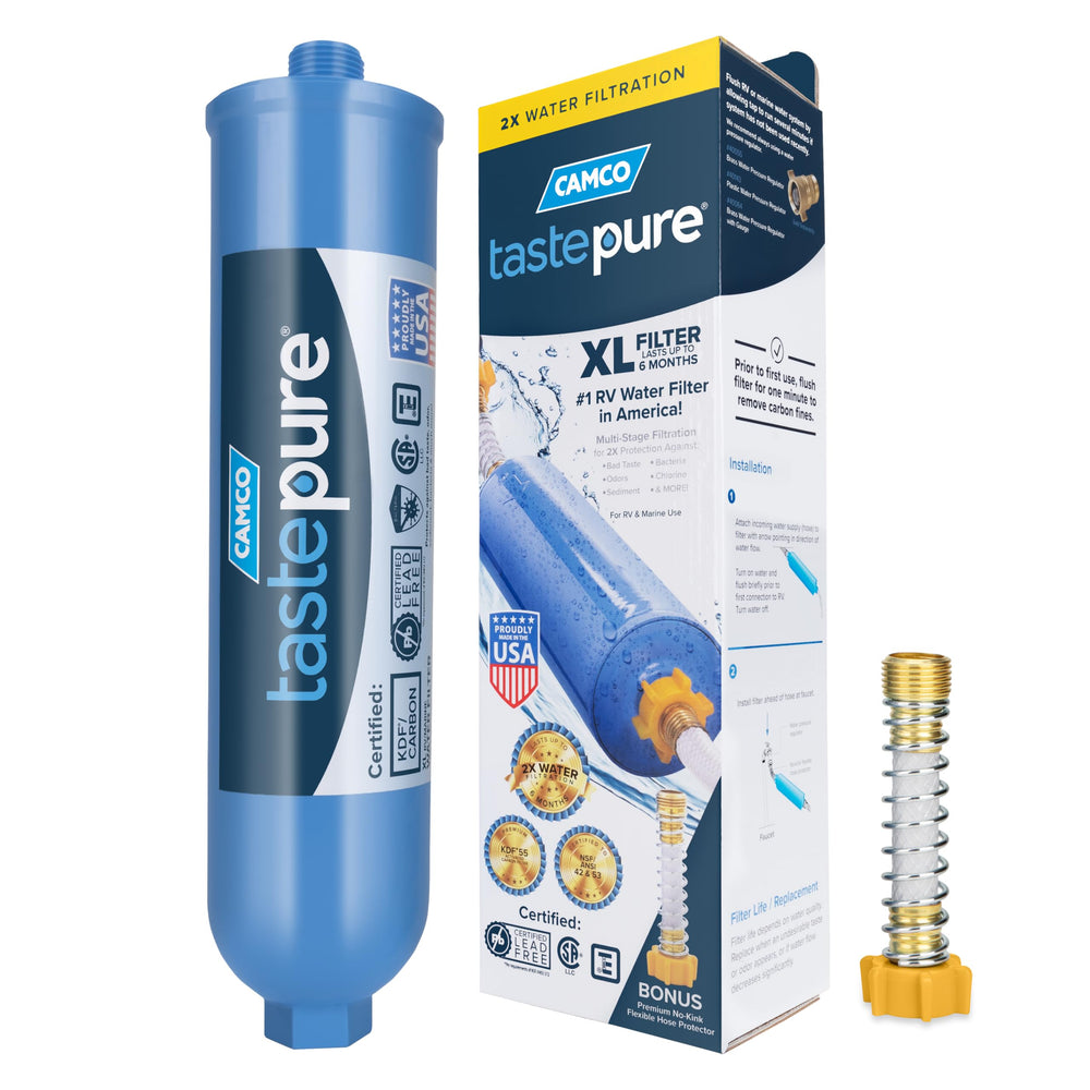 Camco Tastepure XL inline filter demonstrates quick hookup for cleaner-tasting water.