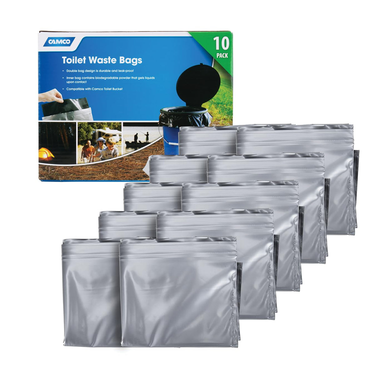 Camco Toilet Waste Bags 10-pack, ready for outdoor trips, reliable mess containment.