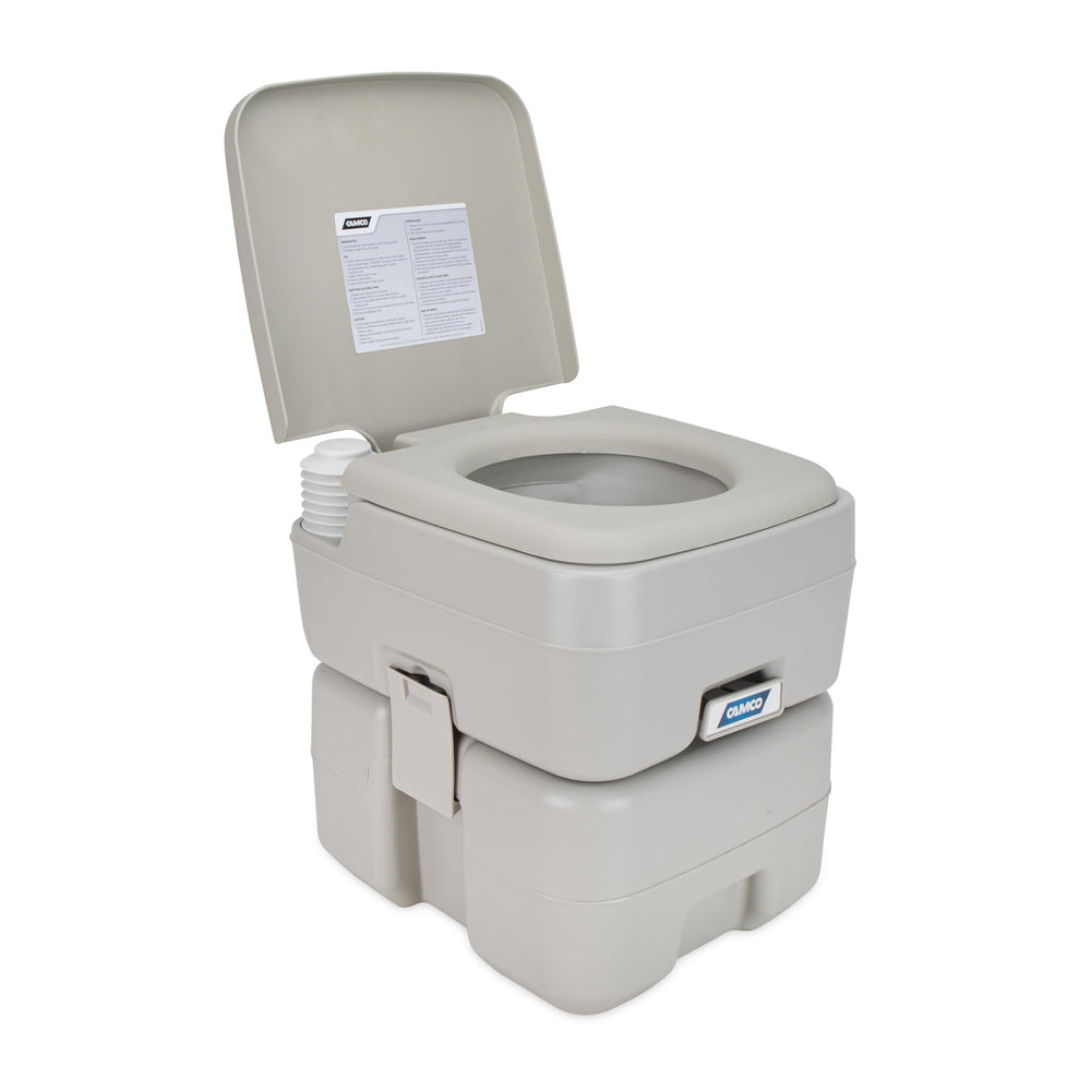 Camco top tank holds 2.5 gallons for easy top-off rinses.