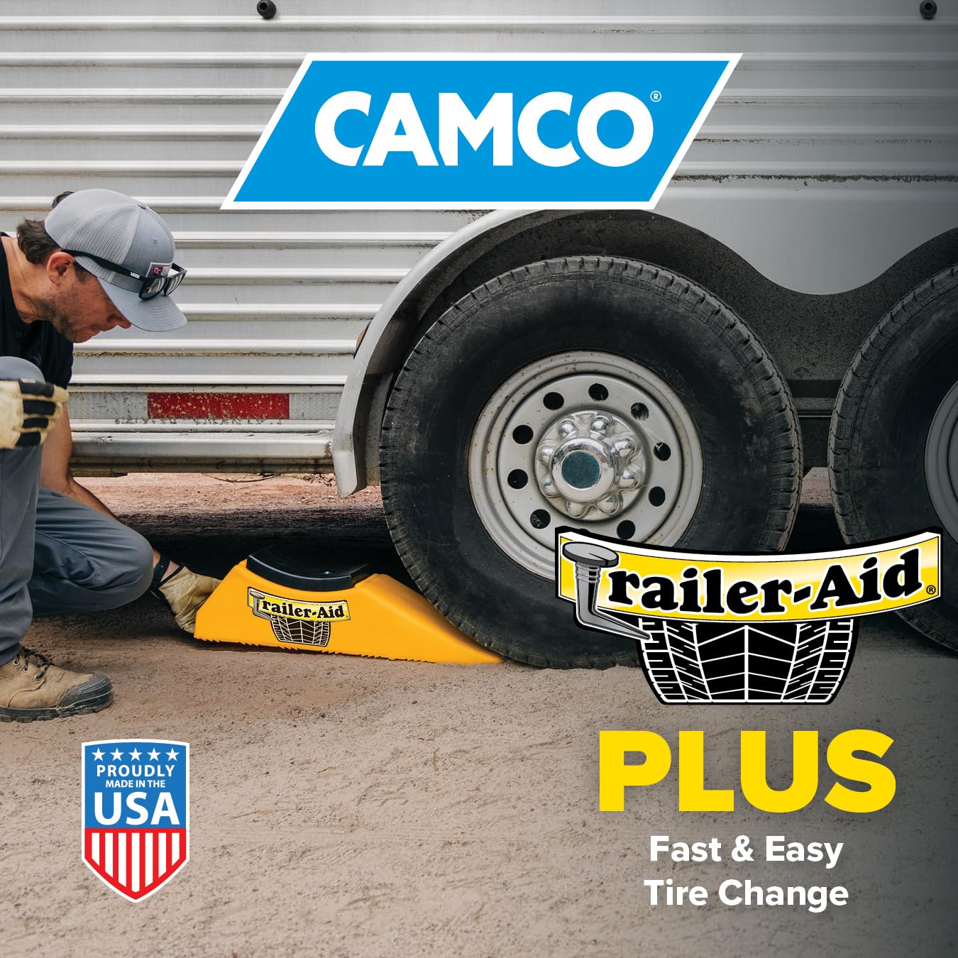 Camco Trailer-Aid Plus in use, no unloading needed during tire service