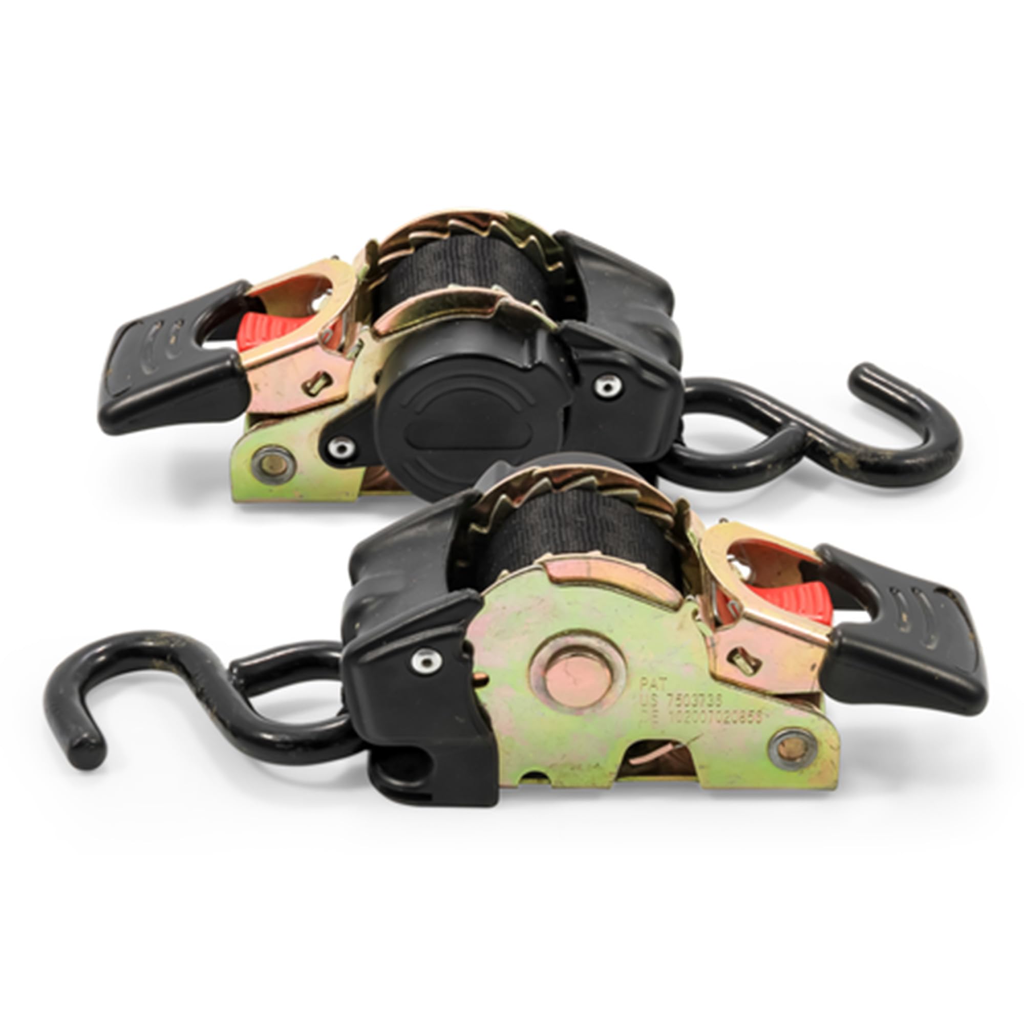 Camco transom tie down with ratchet mechanism for quick tensioning.