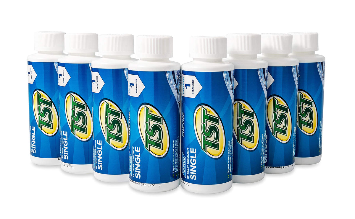 Camco TST Blue enzyme bottle pouring into RV toilet to control odors.
