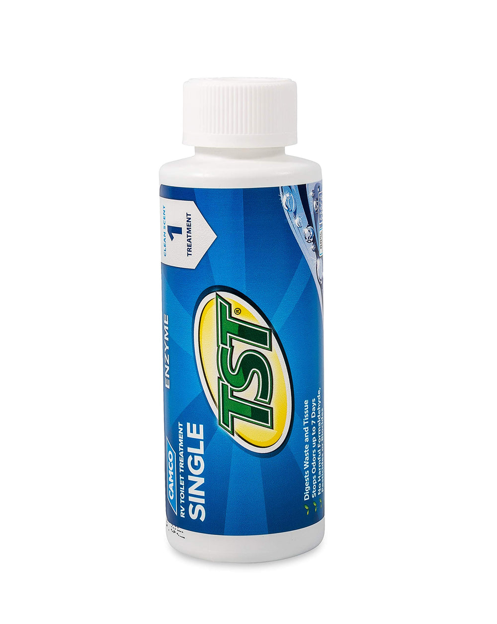Camco TST Blue packaging with eight bottles for long trips.