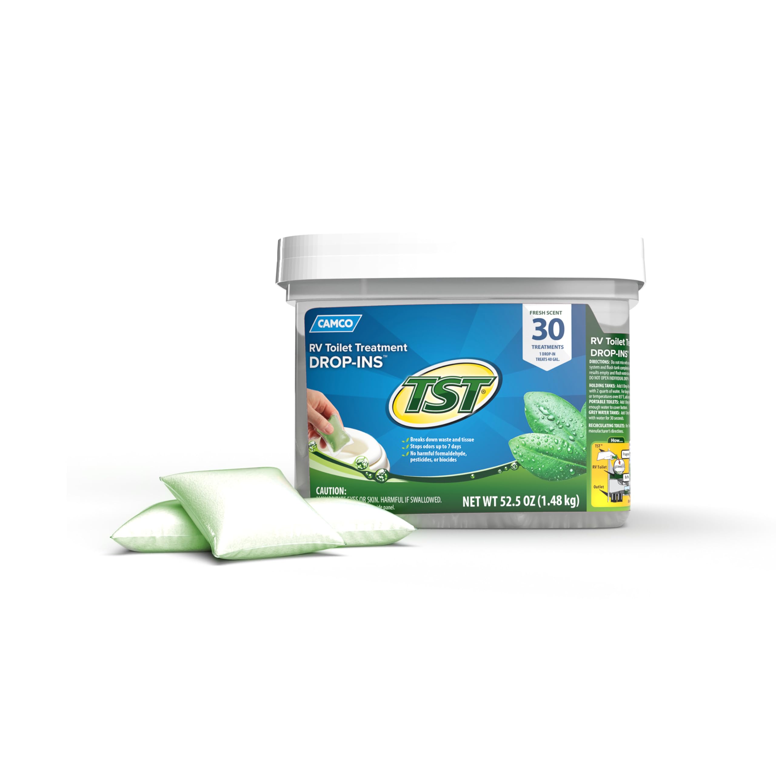Camco TST fresh scent drop-in pod close-up showing odor control for RV toilets