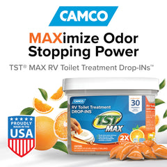 Camco TST MAX 30-pack drop-ins shown for tank treatment
