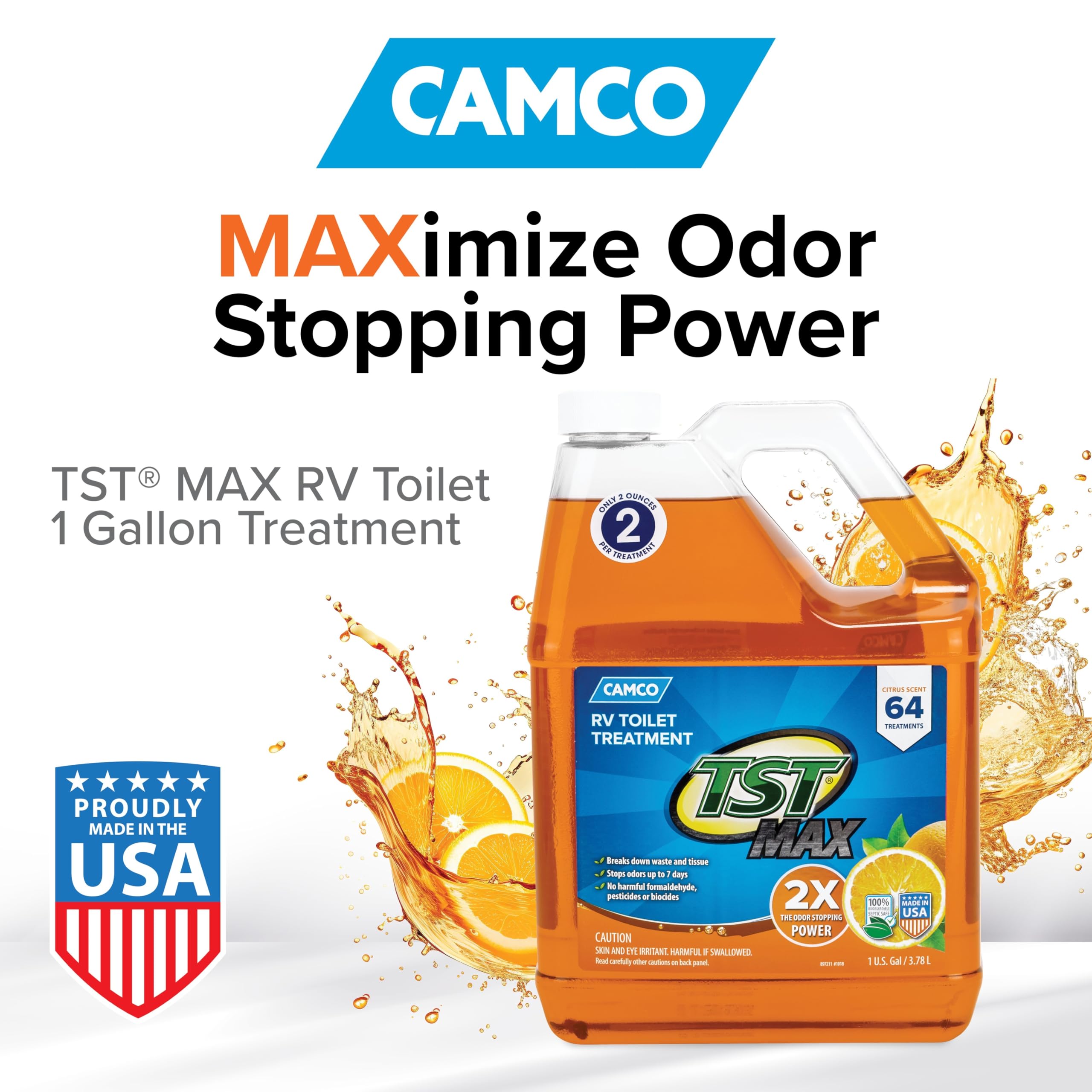 Camco TST MAX dosing guide shows a 2-ounce portion for up to 40 gallons