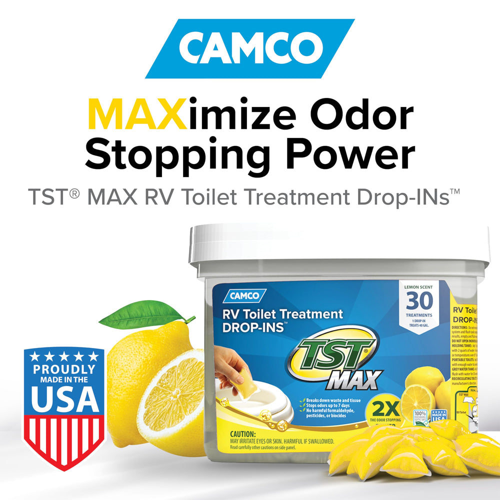 Close-up of Camco TST MAX lemon drop-ins delivering seven-day odor prevention