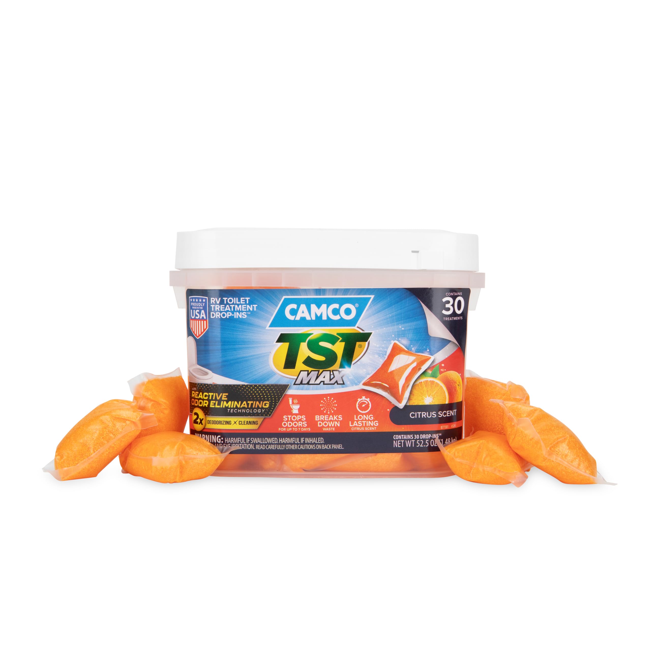 Camco TST MAX orange drop-in packaging for RV toilet odor control