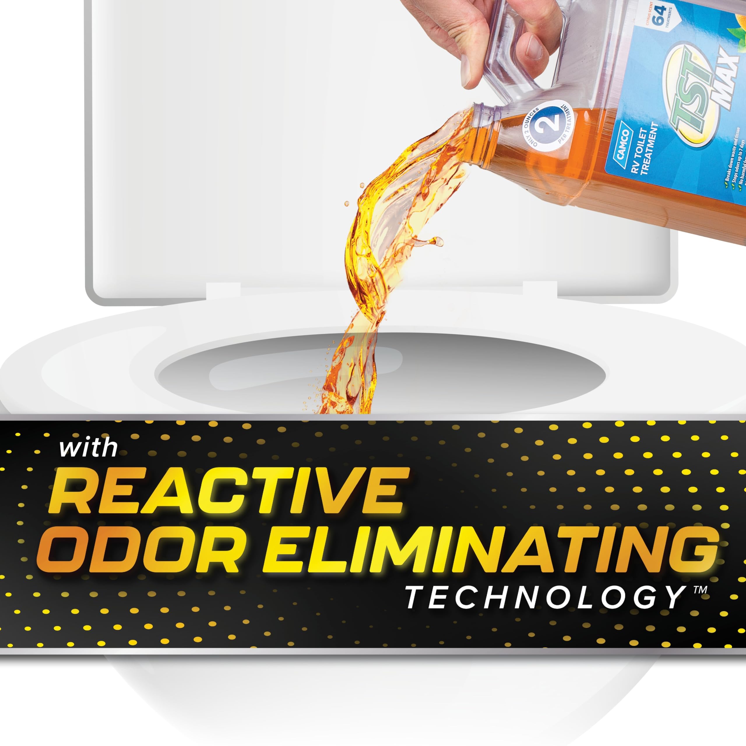 Camco TST MAX tank-treatment action demonstrates waste breakdown and odor reduction
