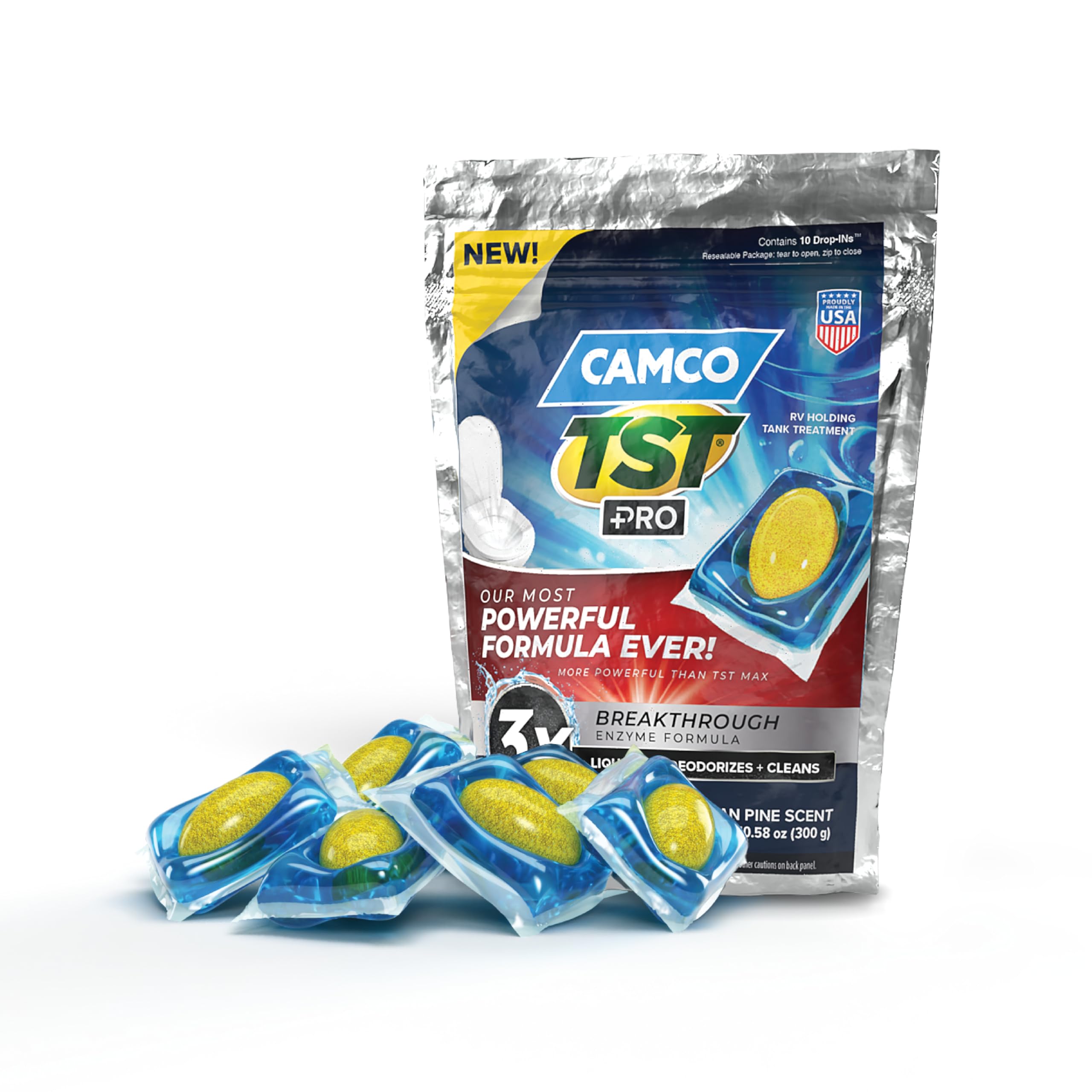 Camco TST PRO Drop-Ins bag open for easy tank maintenance and odor control.