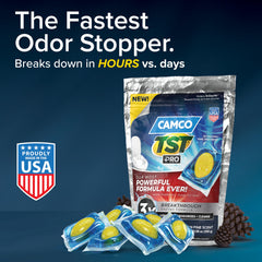 Camco TST PRO Drop-Ins inside toilet show compact formula for rapid breakdown.