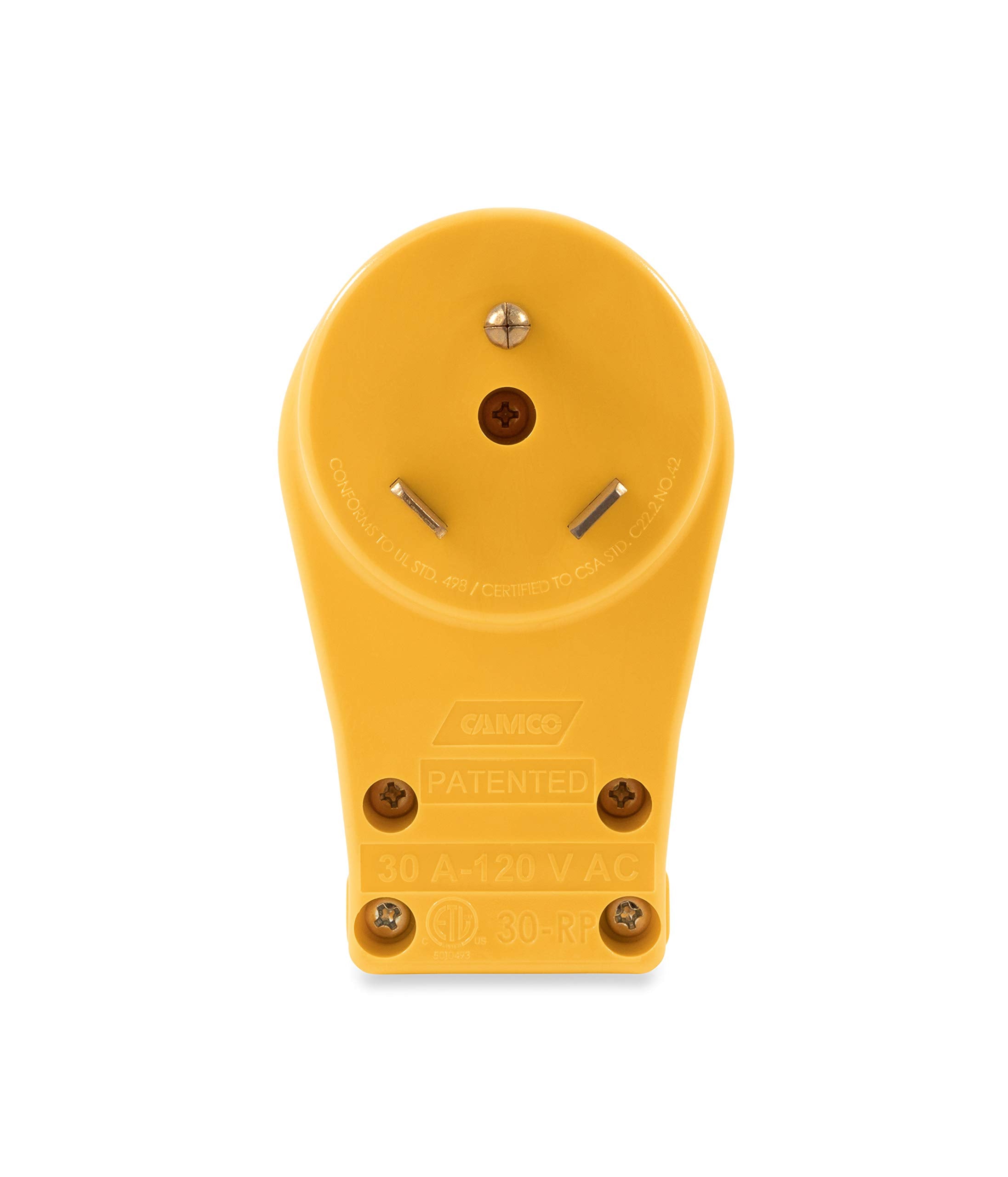 Camco TT-30P male plug close-up showing secure connection and rugged build.