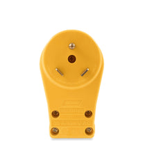 Camco TT-30P male plug close-up showing secure connection and rugged build.