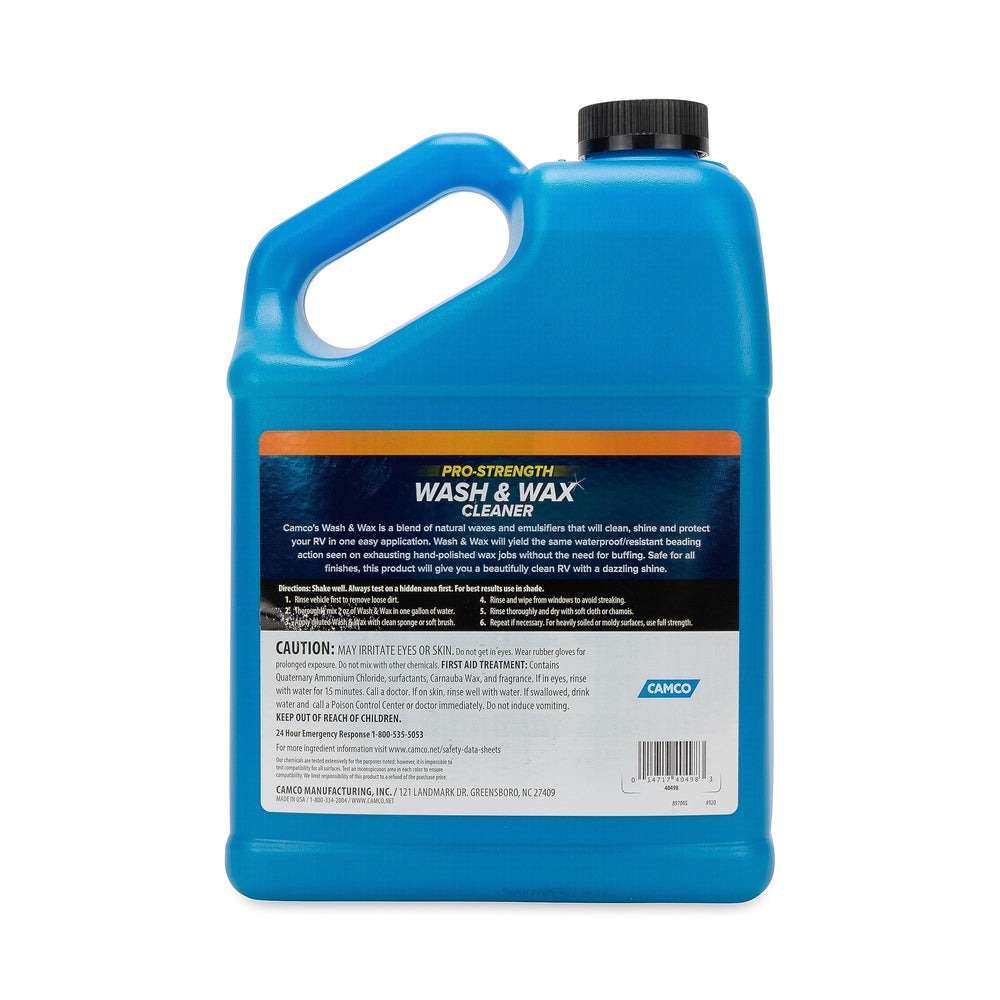 Camco Wash & Wax cleaner on an RV shows water beading for lasting protection.