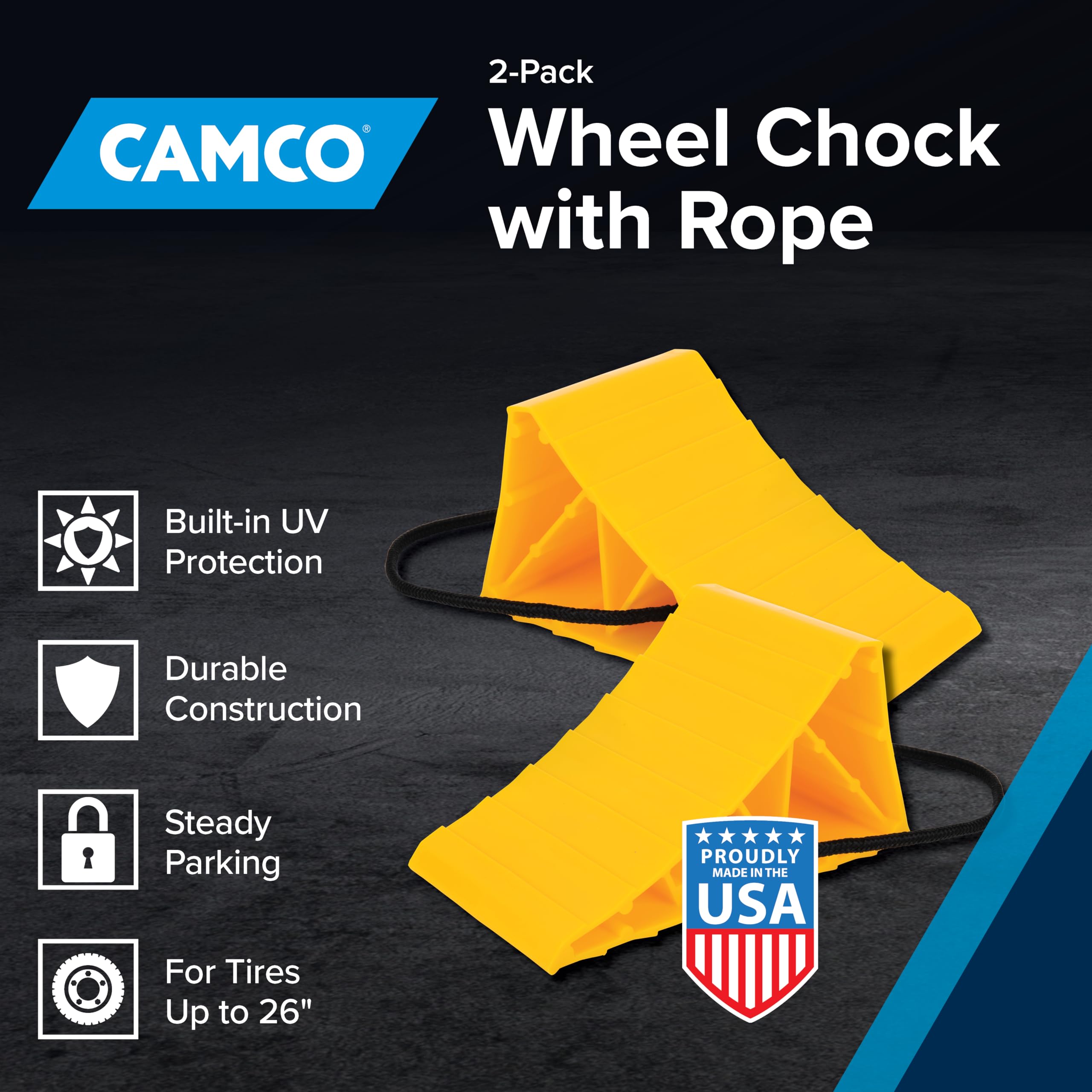 Camco wheel chock 2-pack with rope being removed safely