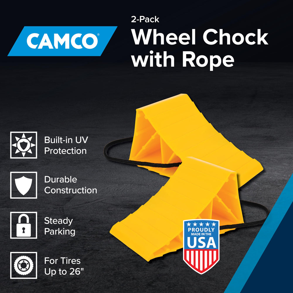 Camco wheel chock 2-pack with rope being removed safely