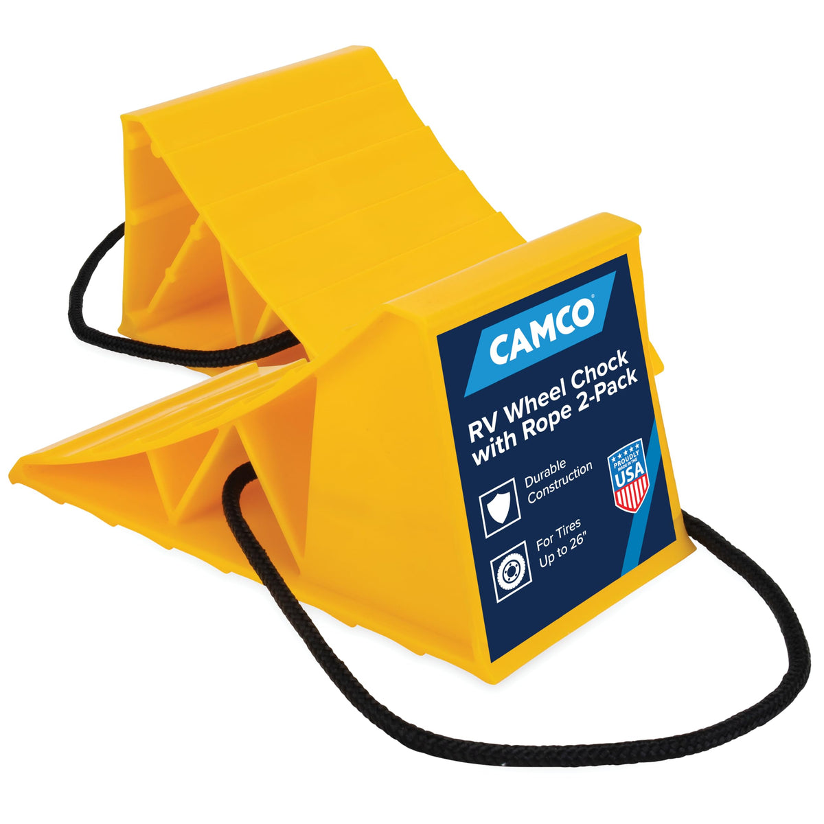 Camco wheel chock 2-pack with rope for stable trailer parking