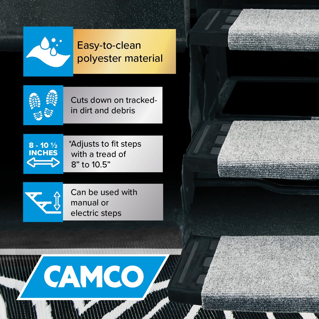 Camco step rug helps reduce tracked dirt during campground transitions.