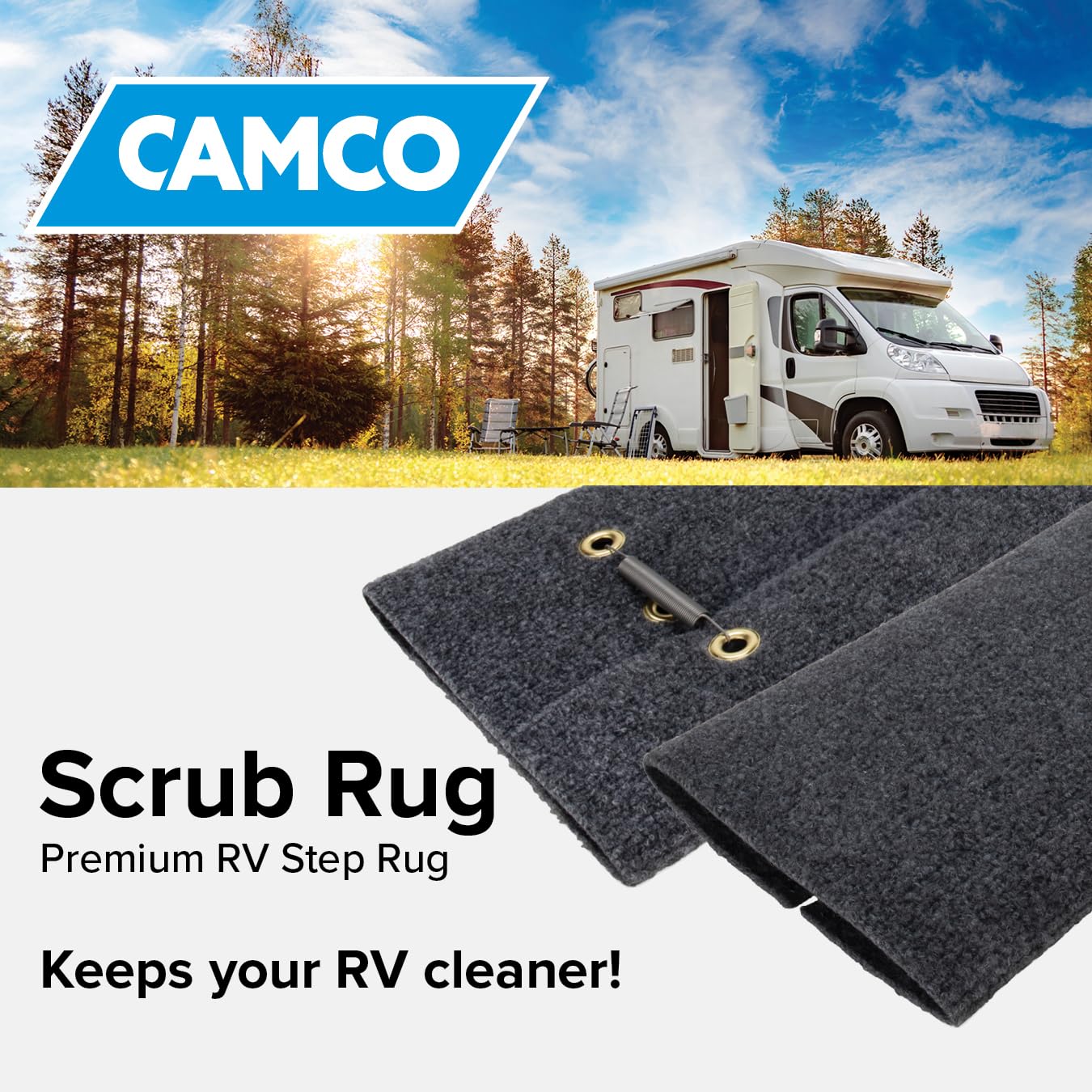 Camco wrap around rug demonstrates durable material for long-lasting outdoor use.