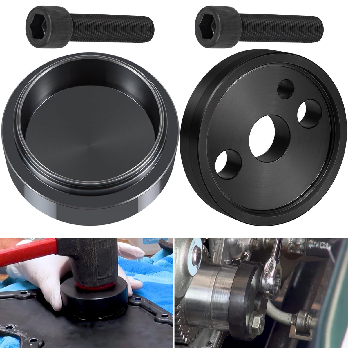 Camoo 1338 front cover crankshaft seal installer in action for precise seating.