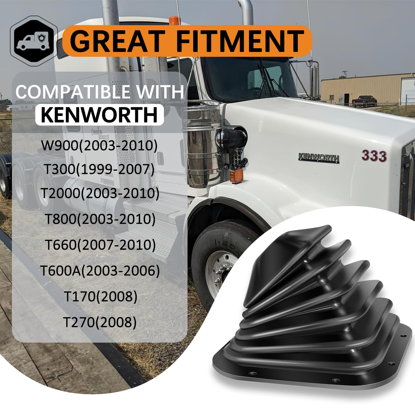 Close up of Camoo shift boot showing durable rubber and clean edge seal on Kenworth T800 area.