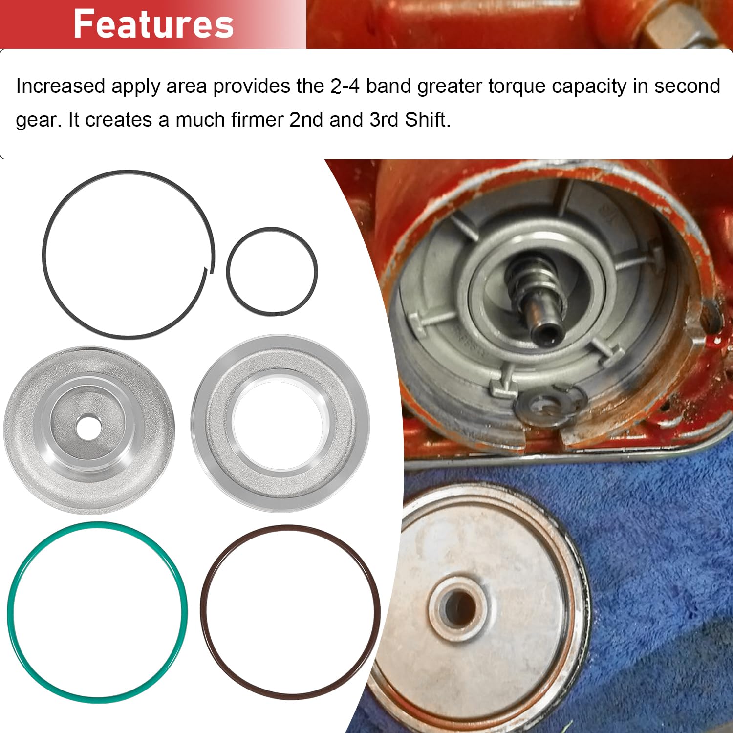 Camoo Corvette servo piston kit second apply piston outer teflon for smooth release.