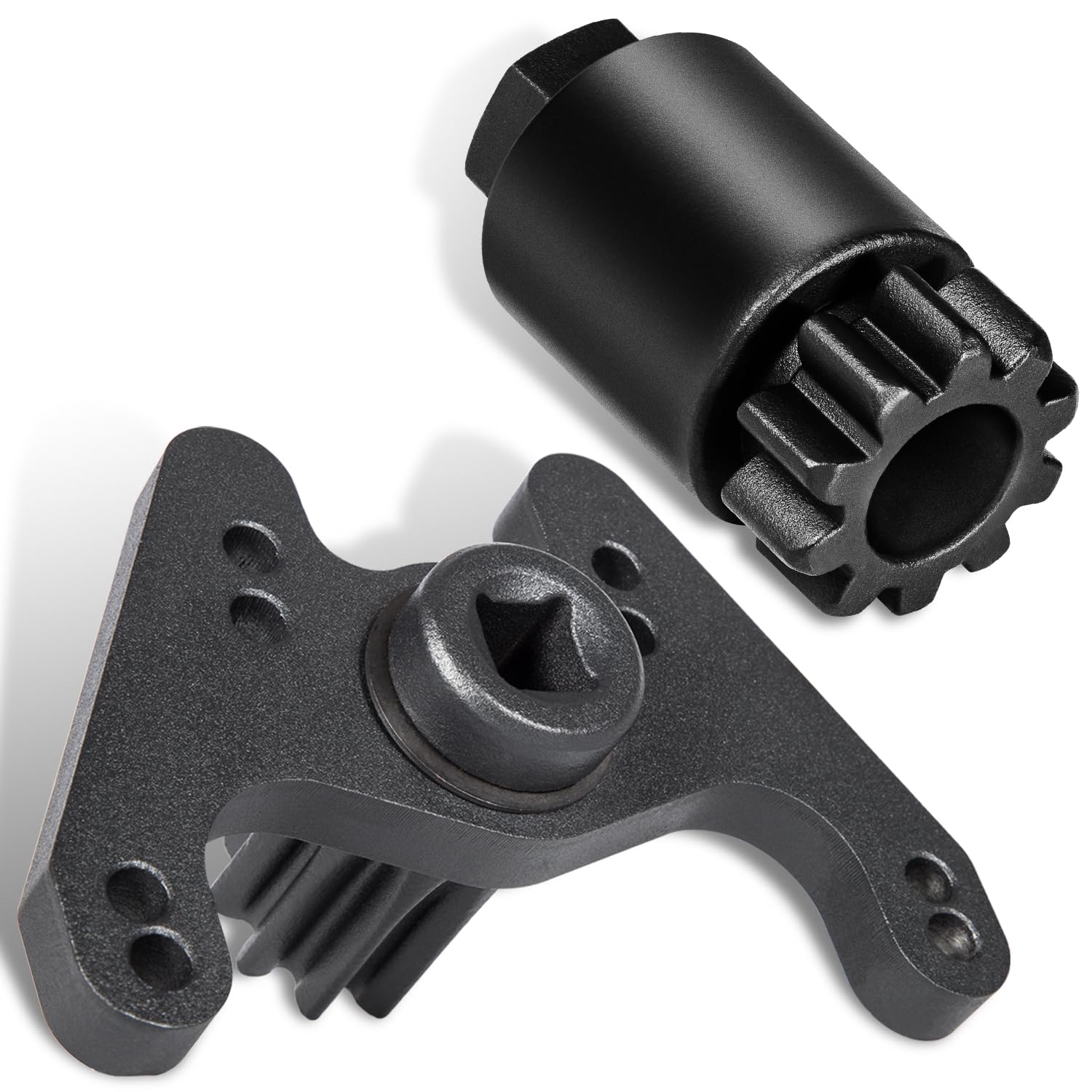 Camoo flywheel turning tool kit shown on Volvo engine for precise crank rotation during timing checks.